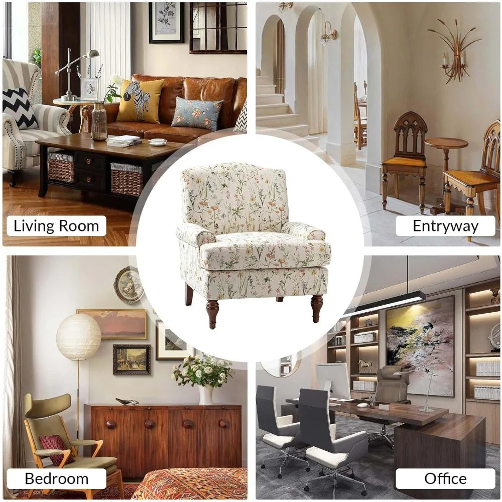 Floral Upholstered Accent Chair – Armchair with Solid Legs & Removable Cushion