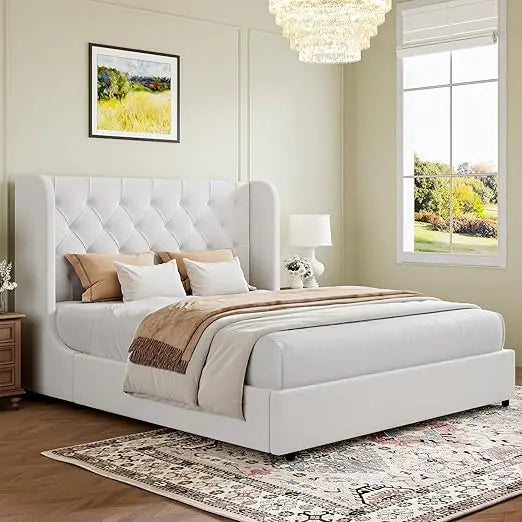 Velvet Upholstered Platform Bed Frame with Headboard – Curved Wingback Design
