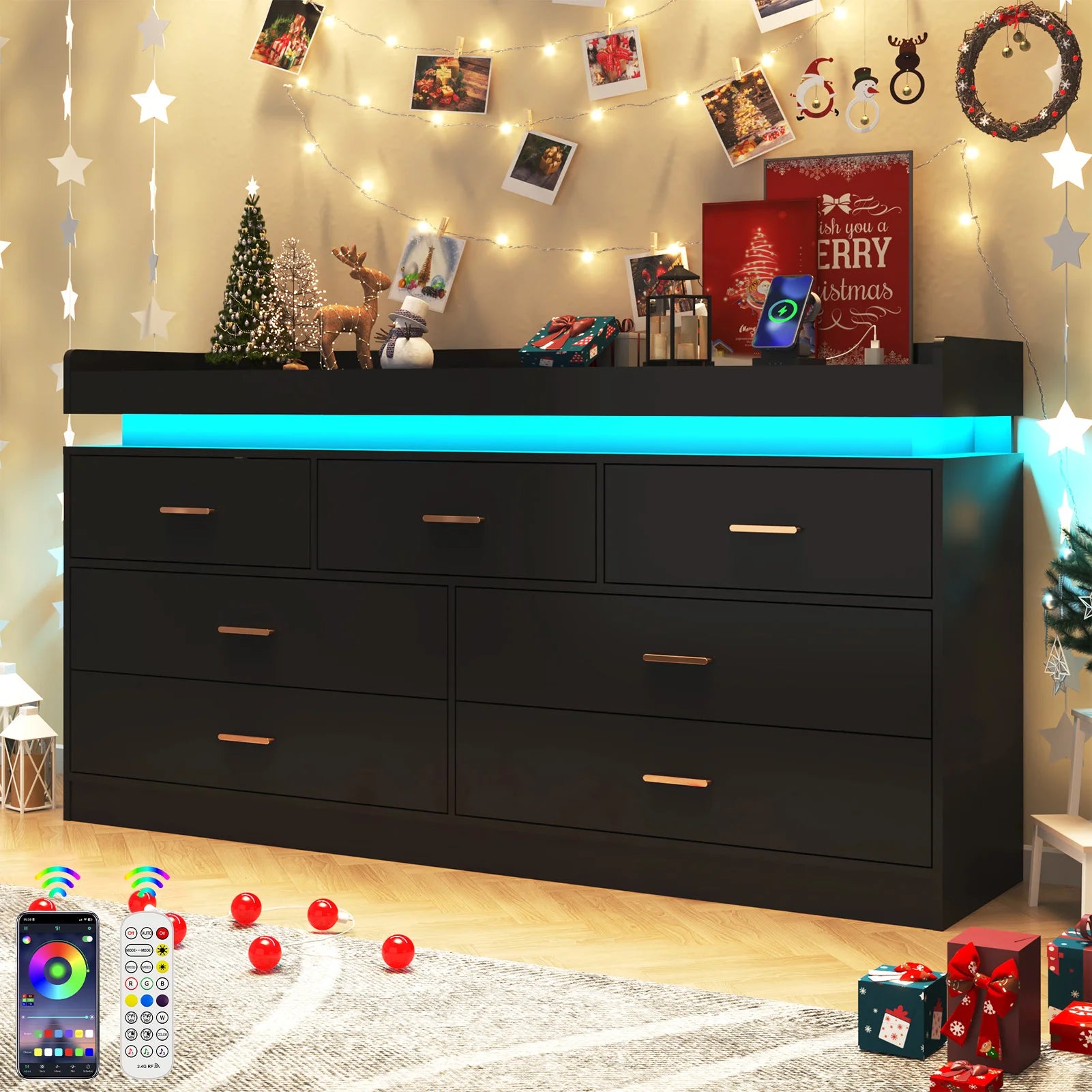 7 Drawer Dresser with LED Light and Charging Station, Modern Chest of Drawers for Closet, Wide Drawer Organizer Cabinet for Bedr