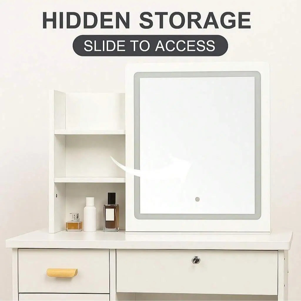 Large Vanity Table Set with LED Mirror, 5 Drawers & Shelves, Dresser Desk & Cushioned Stool, Easy Installation, Hidden Storage,