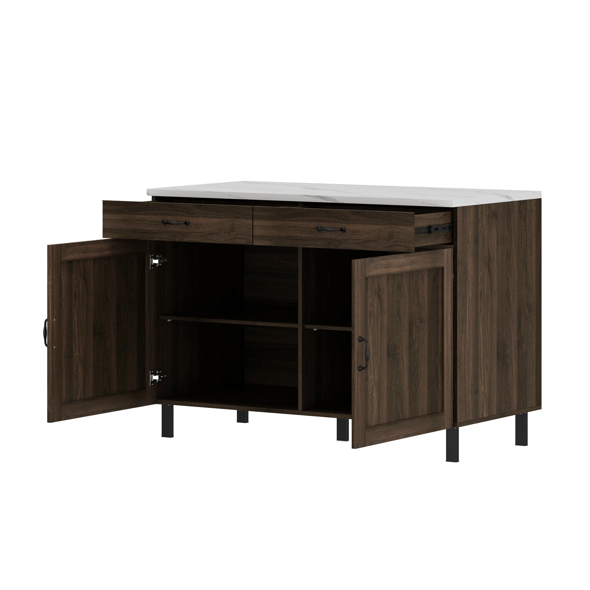 FUFU&GAGA Kitchen Island Sideboard with 2 Drawers & 2 Doors, Buffet Storage Cabinet with Marbling Top & Metal Handles, Brown