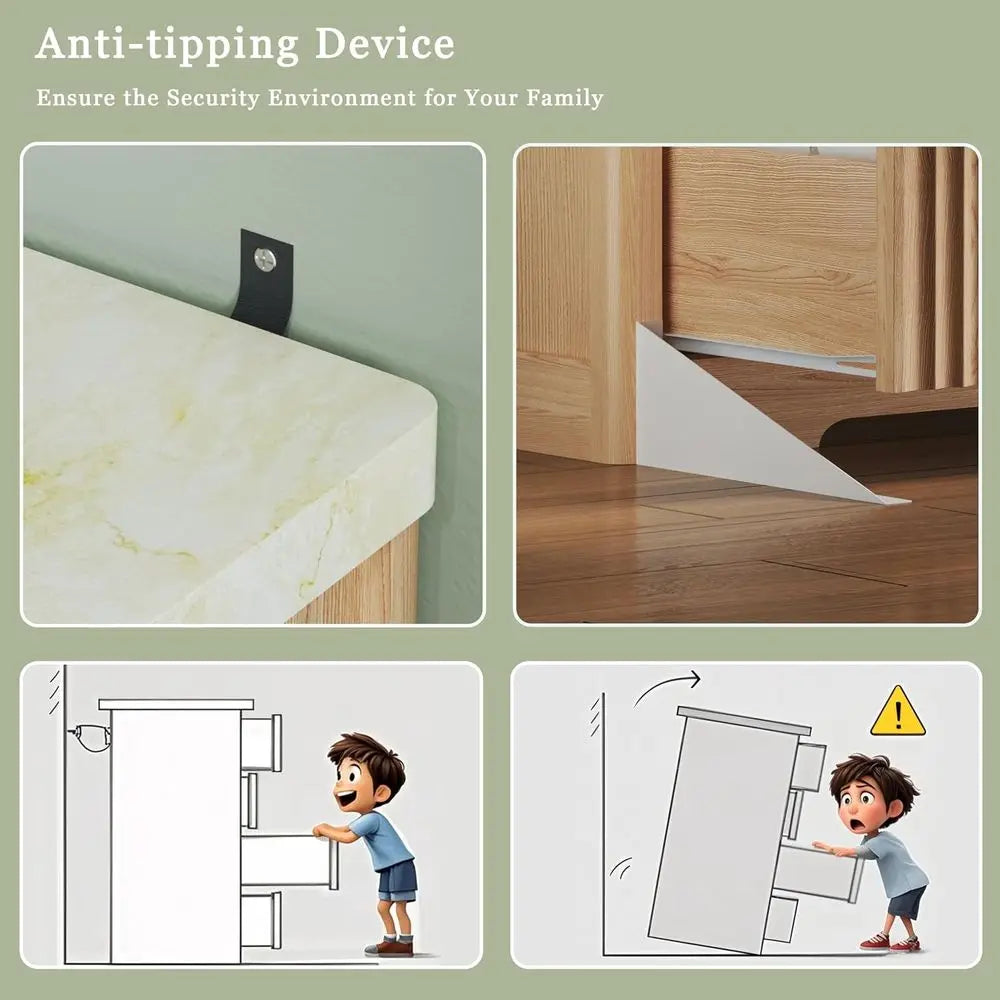 Mid-Century 7-Drawer Fluted Dresser with Faux Marble Top and Metal Handles, 53 Wide, Natural Oak Wood TV Stand and Closet Organi