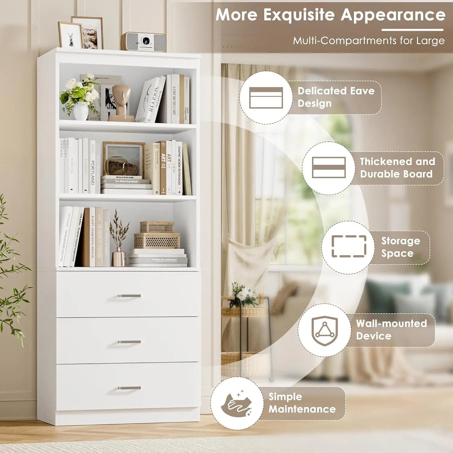 71' White 3-Tier Bookshelf with Drawers, Tall Storage Cabinet for Home Office