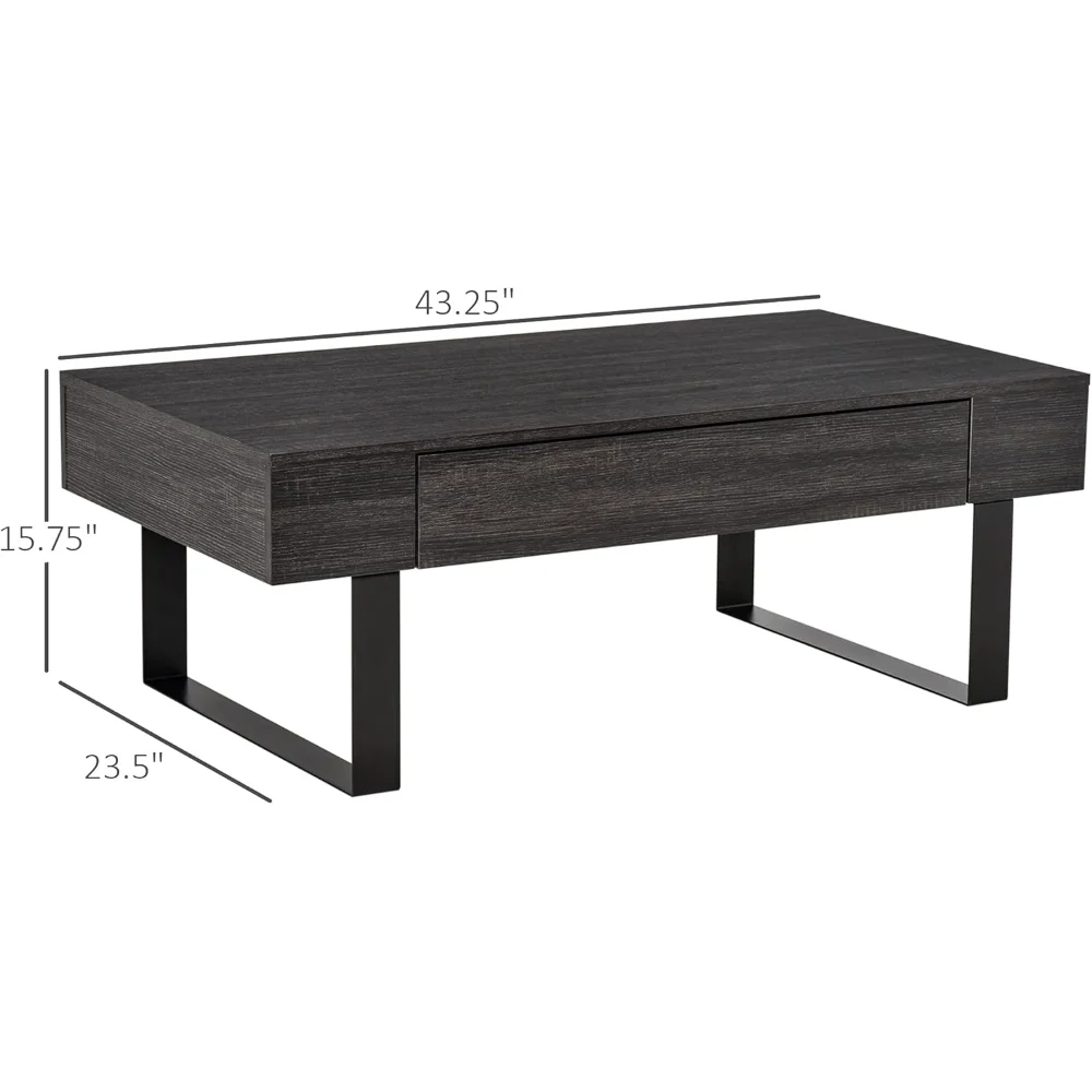Dark Grey Mid-Century Modern Coffee Table – Wood Grain Table with Storage Drawer