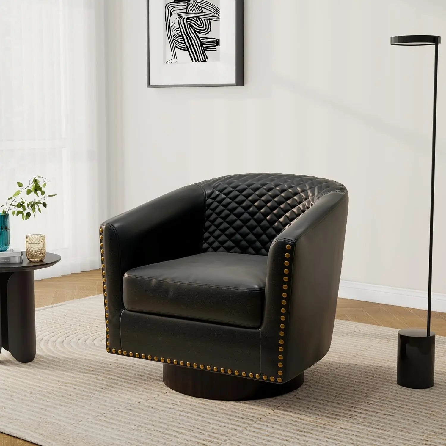 Pia Ricco Faux Leather Barrel Accent Chair – Modern Club Armchair with Wood Legs