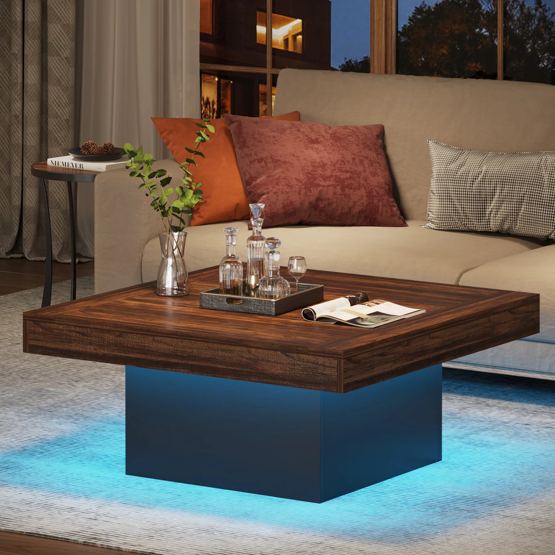 Tribesigns Square LED Coffee Table – Engineered Wood Low Center Table (Rustic Brown & Black)