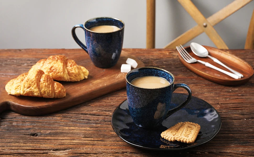 12 Ounce, Set of 6, Ceramic Mug for Men, Women, Unique Glazed Mugs with Handle for Coffee, Tea, Milk, Cocoa, Cereal(blue)