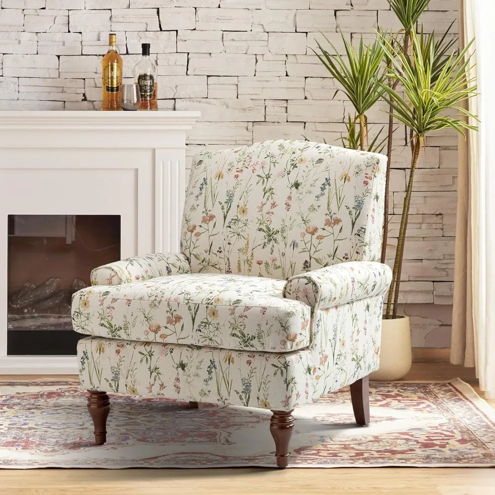 Floral Upholstered Accent Chair – Armchair with Solid Legs & Removable Cushion