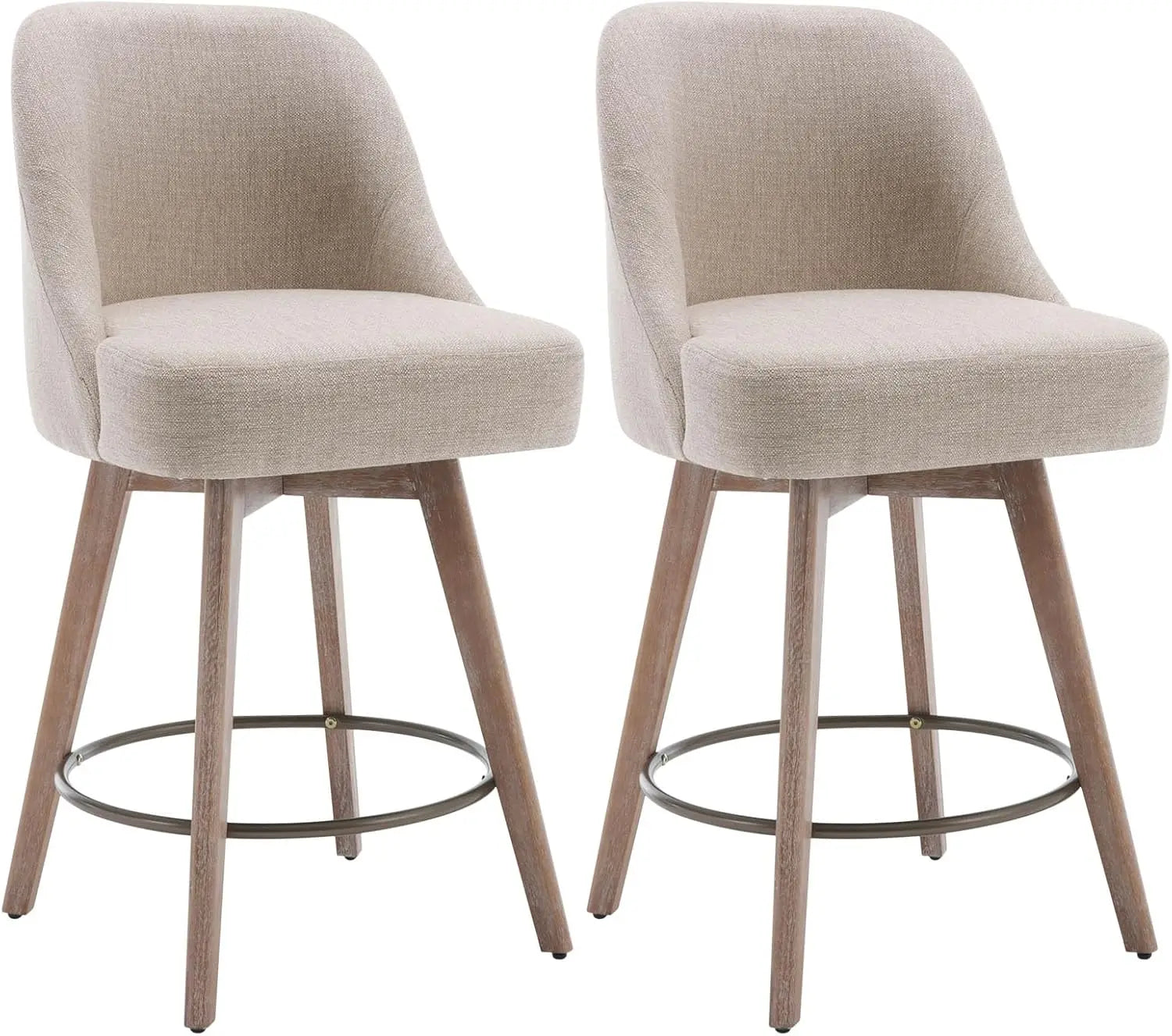 Mid-Century Swivel Counter-Height Bar Stools with Back – Linen Upholstered, Wood Legs (Set of 2)