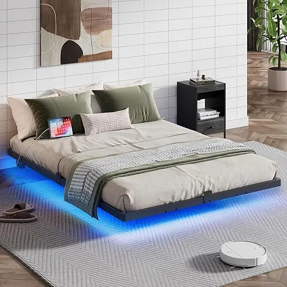 Queen Size LED Metal Bed Frame with Charging Station & Heavy-Duty Steel Slats