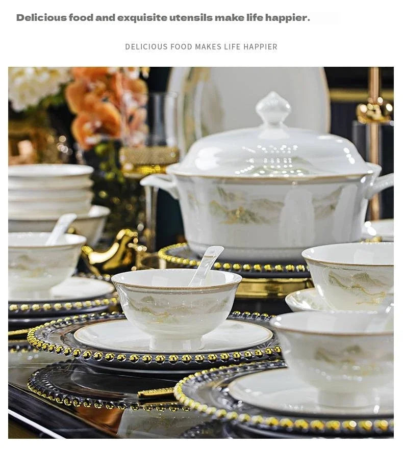18PCS  Fine Bone China Jingdezhen Dinnerware Sets Ceramic Tableware Full Set Porcelain Bento Party Dinner Plate Gold Line Design