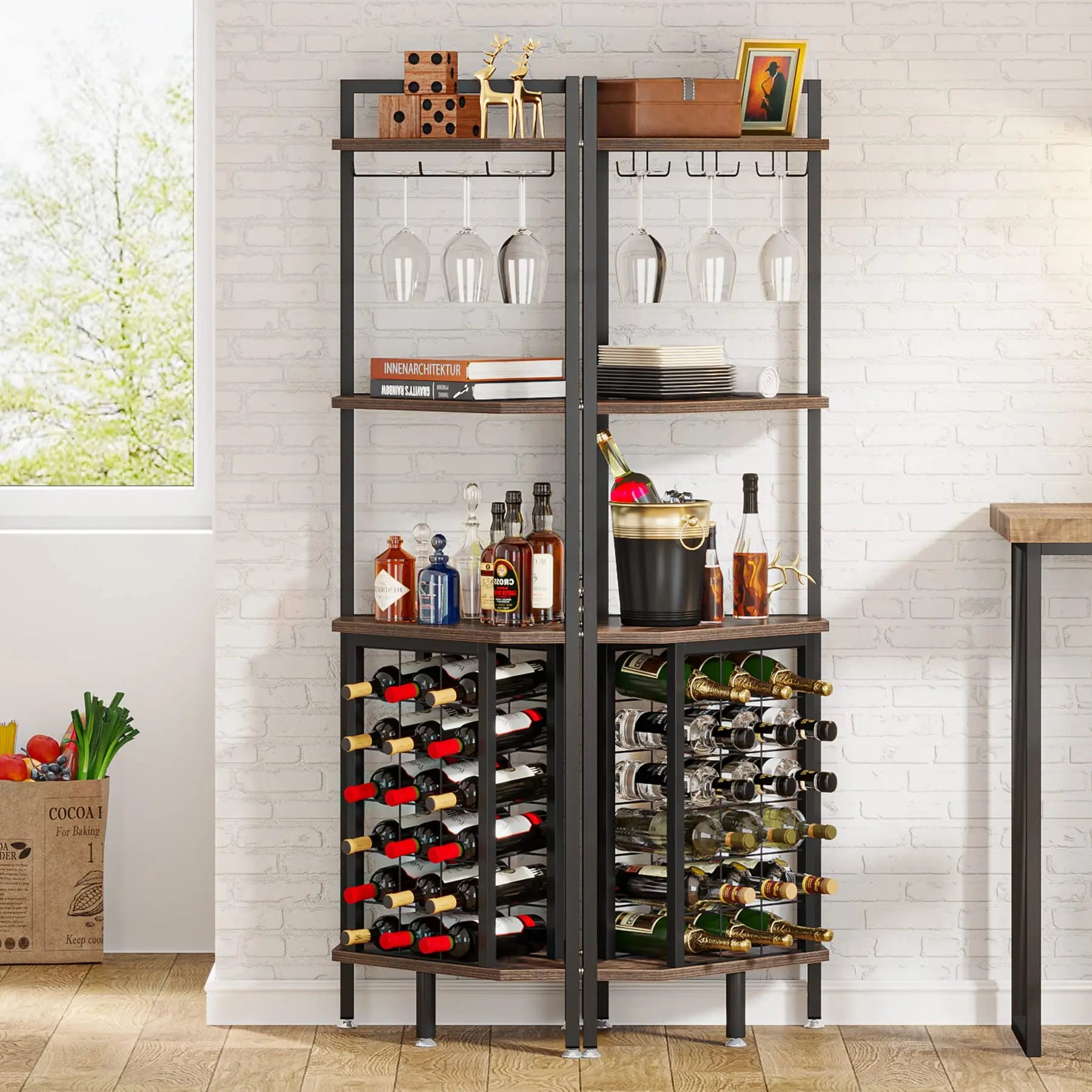 Tribesigns Wine Rack Bar Cabinet – 4-Tier Corner Shelf with Glass Holder