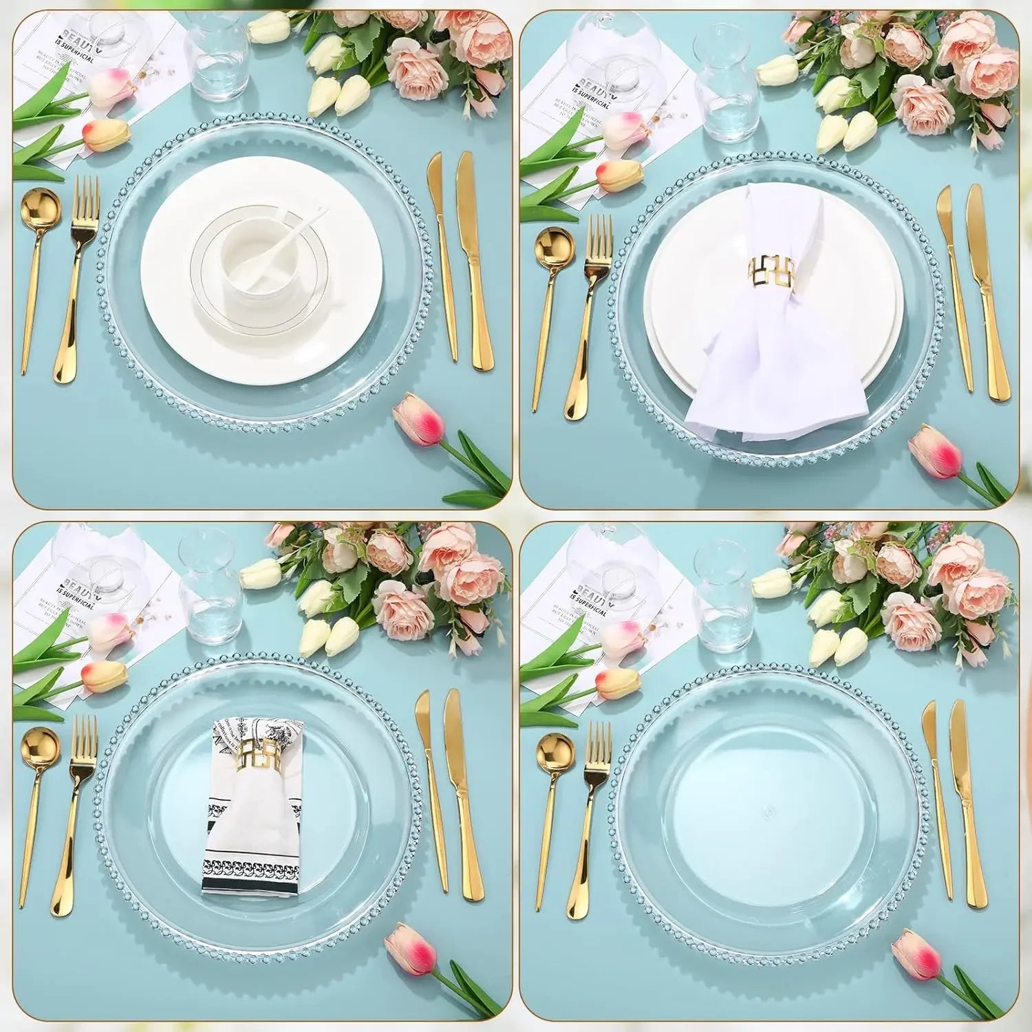 50PCS Clear Beaded Charger Plates – 13″ Acrylic Round Decorative Chargers