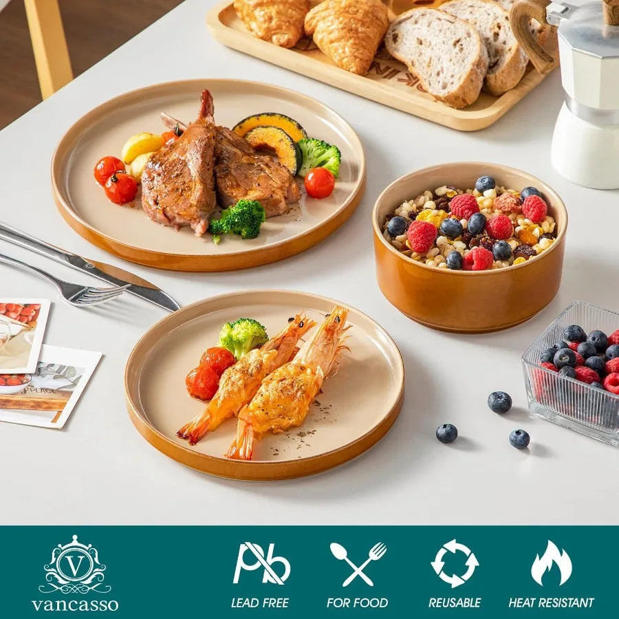 Ceramic Plates and Bowls Sets, 18 Pieces Brown Dinnerware Sets for Kitchen, Reactive Glaze Dishes Set for 6, Dishwasher and Micr