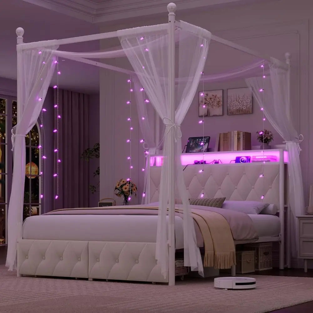 Queen Size Upholstered LED Canopy Bed Frame with Storage & Charging Station