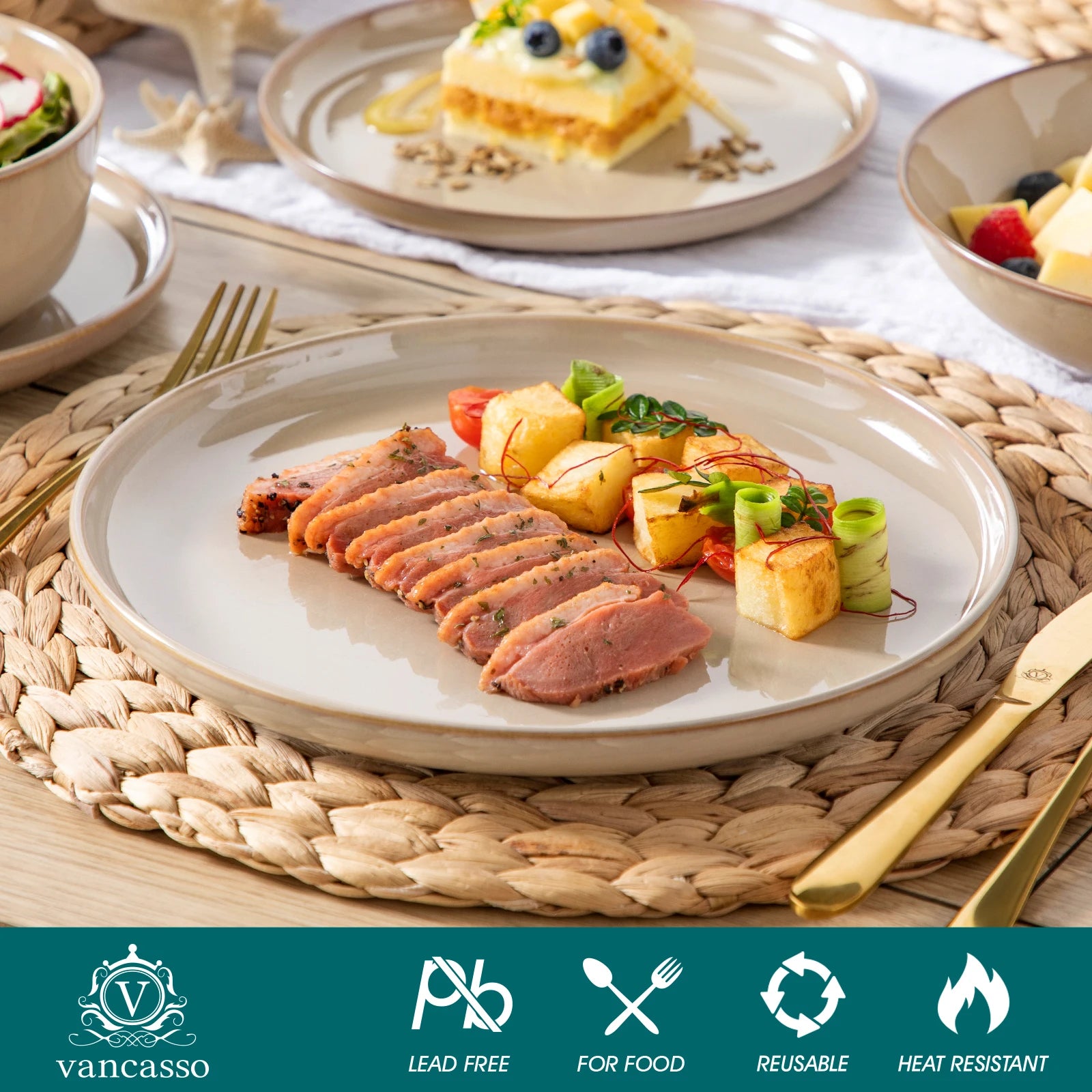 vancasso 12/16/18/24 Piece Light-Brow Reactive Glaze Stoneware Plates Set Dinnerware Sets with 4/6 pcs Dinner Plate/Dessert/Bowl