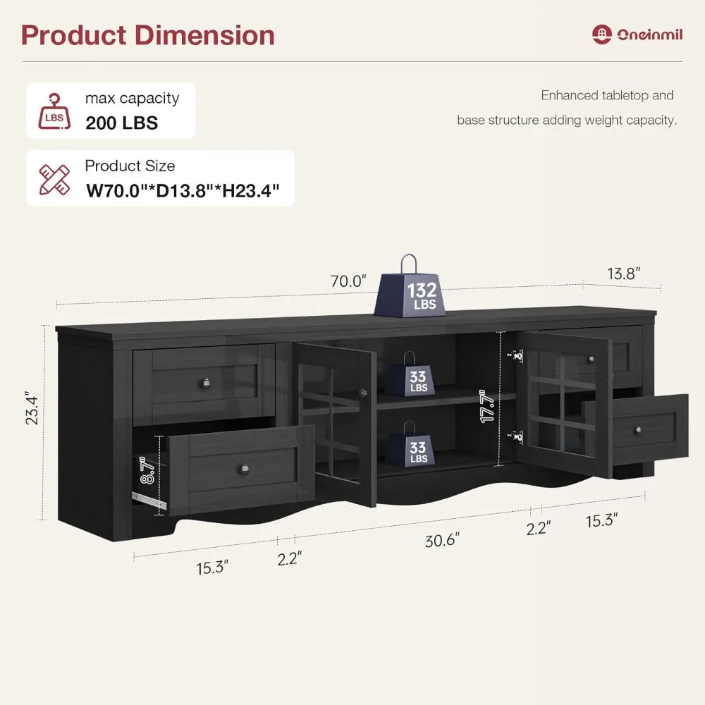 70" Modern TV Stands for for Living Room, Entertainment Center with 4 Large Drawers, Wood TV Console with Glass Door Storage