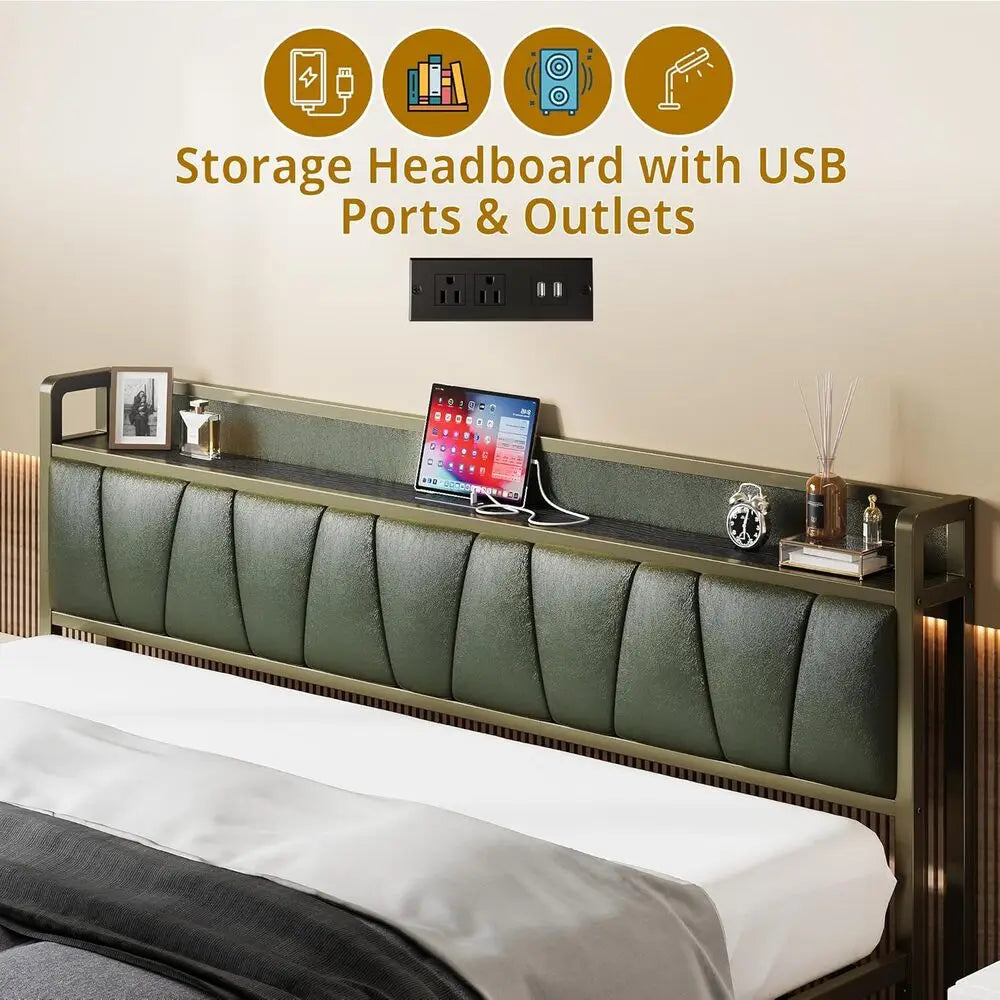 Bed Frame with Storage Headboard & Charging Station – Twin / Queen