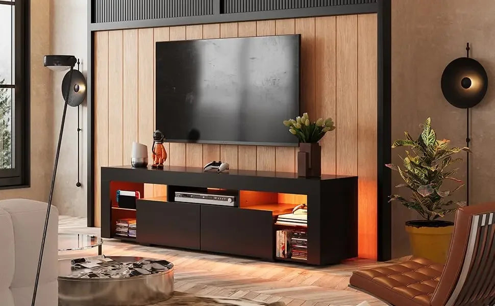 63 Inch TVs Stand, LED Entertainment Center for 60 To 70 Inch TV, Modern TV Console with 2 Drawers, TVs Stands
