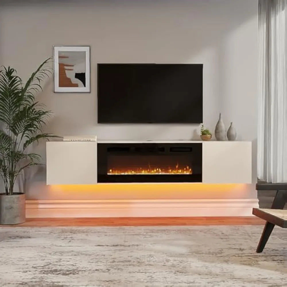Modern Floating TV Stand with Electric Fireplace, Media Console for TVs up to 80",Wooden Entertainment Center with 36" Fireplace
