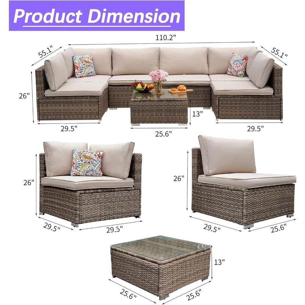 7 Piece Patio Furniture Set, Outdoor Couch Set—All-Weather Outdoor Furniture Sectional w Water Resistant Thick Cushions, Patio