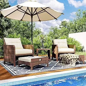 5 Pieces Patio Furniture Set, Rattan Balcony Furniture with Ottomans, PE Wicker Outdoor Patio Chairs Set with Coffee Table for