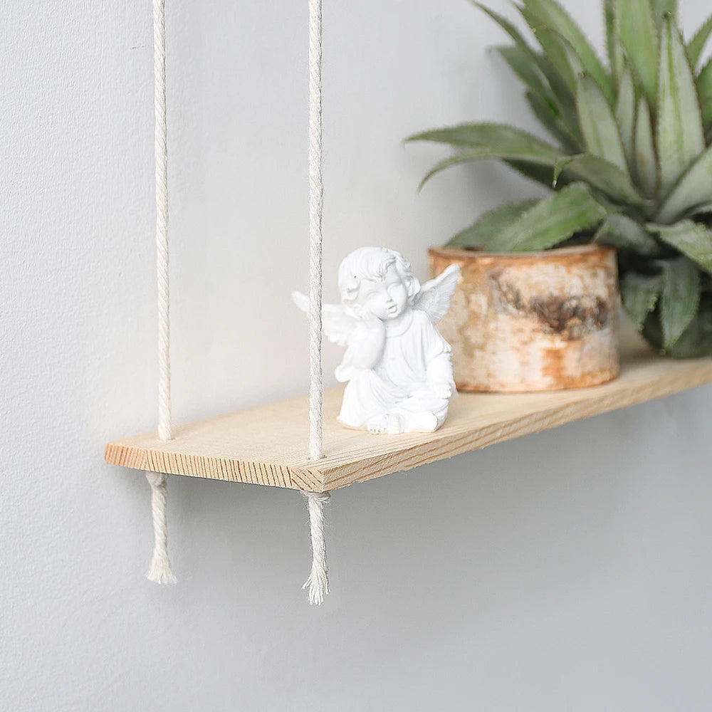 Wooden Wall Shelf Macrame Display Stand Boho Art Home Decoration Floating Shelf Nordic Wall Decor Living Room Nursery Aesthetics