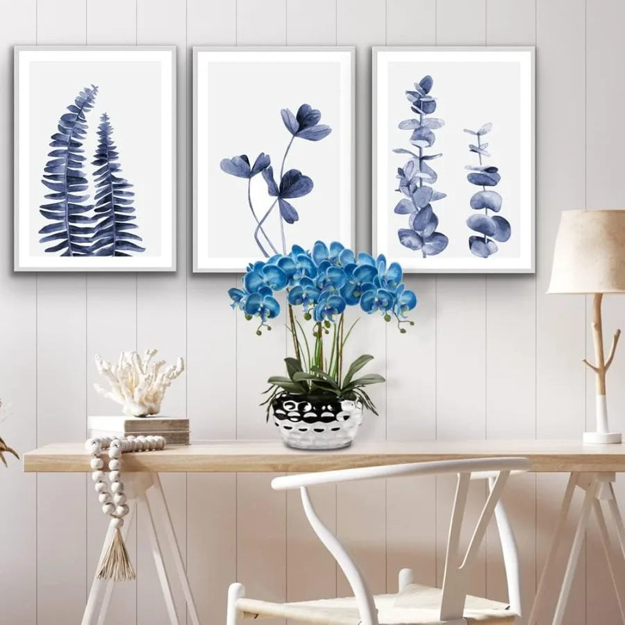 Artificial Blue Phalaenopsis Orchid Flowers 18 Large Fake Orchid with Silver Ceramic Pot for Home Office Bathroom Living Room T