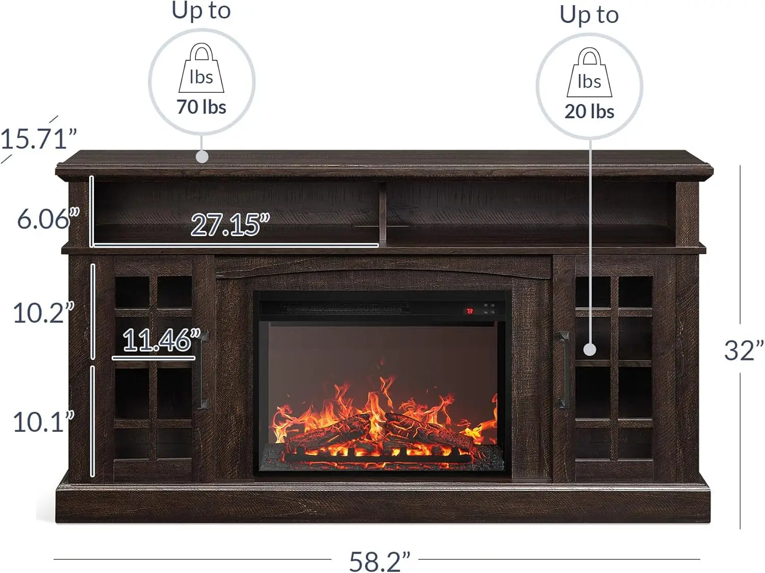 58' Rustic TV Stand with 23' Electric Fireplace, Espresso – Media Console for TVs up to 65', Open Shelves & Cabinets