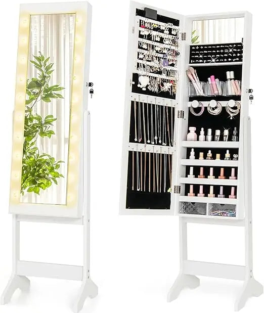 Standing Jewelry Armoire with Lighted Full Length Mirror, Lockable Jewelry Cabinet Organizer with 20 LED Lights