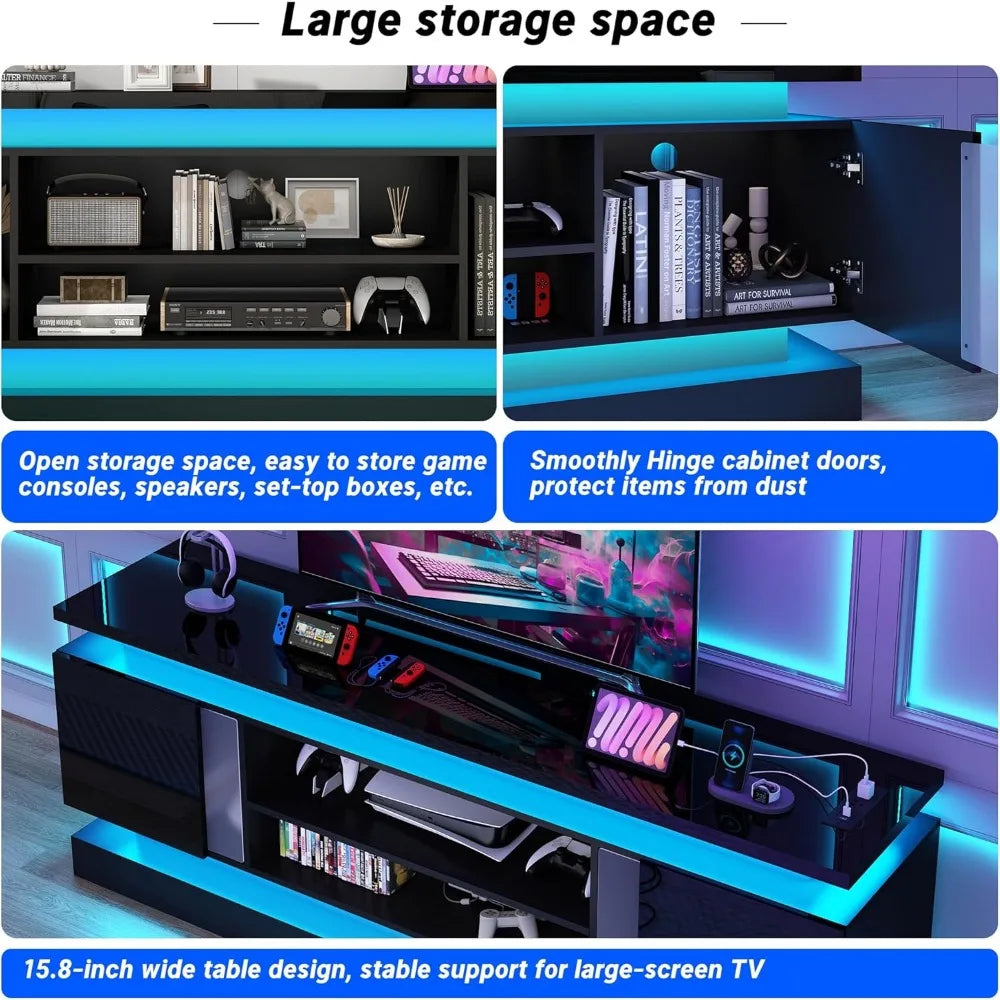 71IN LED TV Stands w/Power Outlet for 85/80/75 Inch TV,High Glossy Modern TV Console Gaming Entertainment Center with 2 Storage