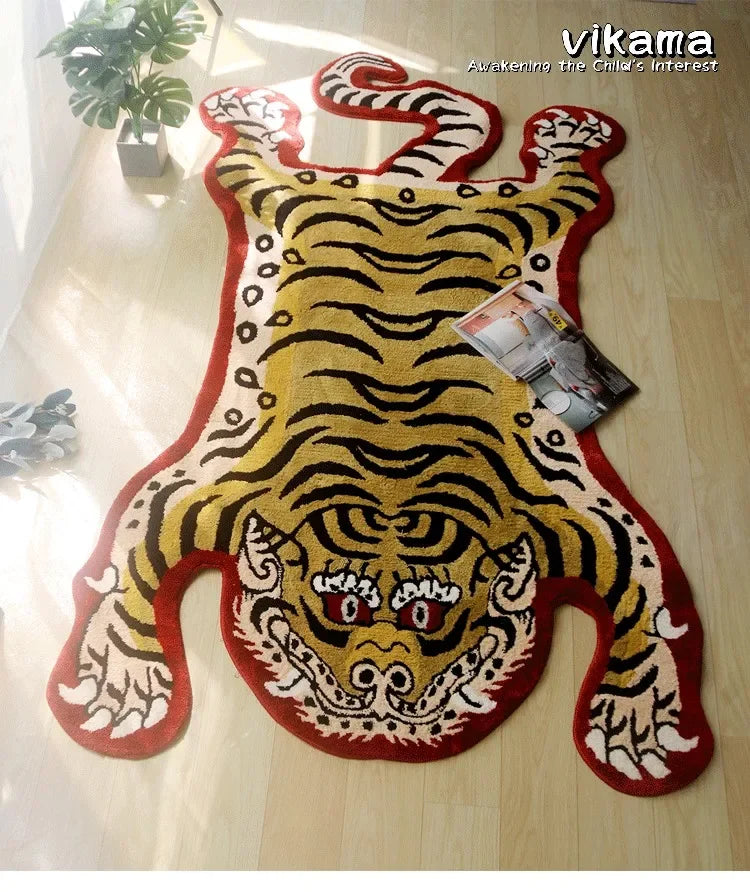 VIKAMA Tiger-Patterned Carpet, Soft Imitation Cashmere Carpet, Warm Bedroom Bedside Rug, Living Room Floor Mat, Home Decoration