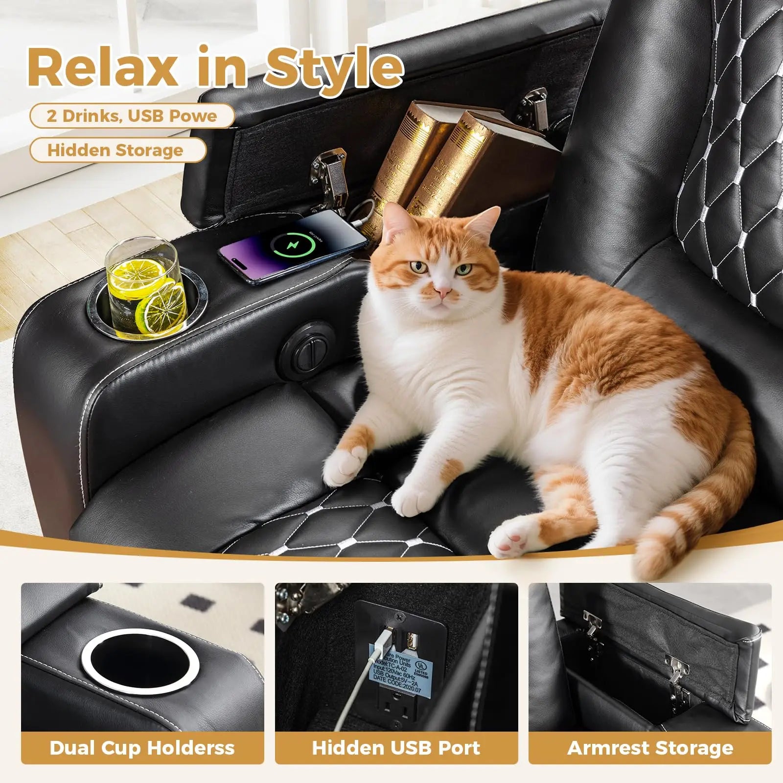 Electric Power Recliner Chair with USB Ports and Cup Holders, Breathable Leather Home Theater Seating with Hidden Arm Storage