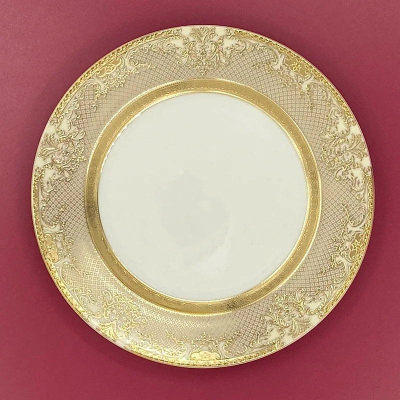 7″ Embossed Disc Bone Plate with Gold Edge – Light Luxury Dinner & Dessert Plate