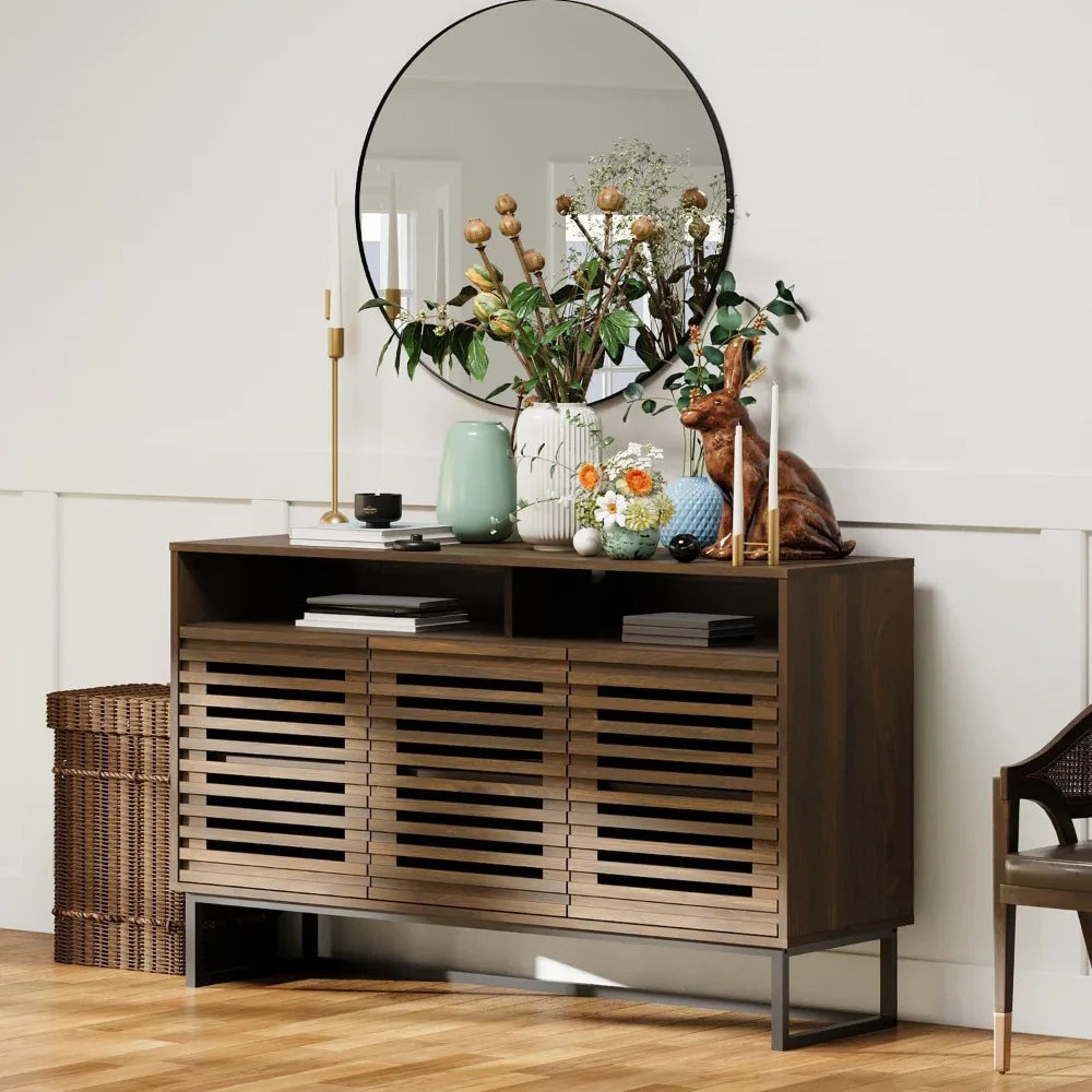 Tall TV Stand with Louvered Door and Adjustable Shelf for up to 100 inch Tvs Walnut 2 in 1 Console with Ample Storage Modern