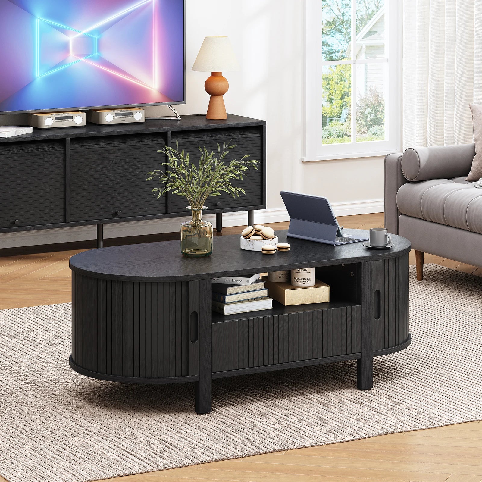 47” Oval Fluted Coffee Table – Mid-Century Modern Center Table with Sliding Door Cabinets