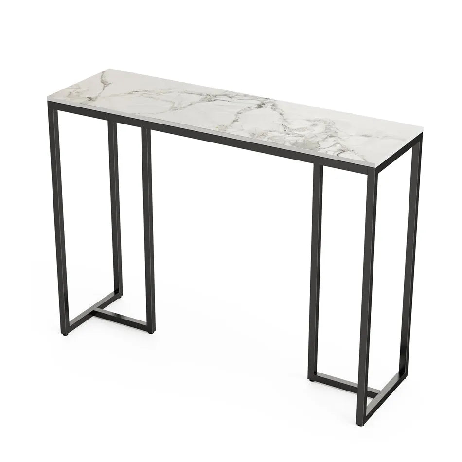 LUVODI Modern Console Table White Long Entryway Foyer Marble Sofa Behind Table with Black Metal Legs