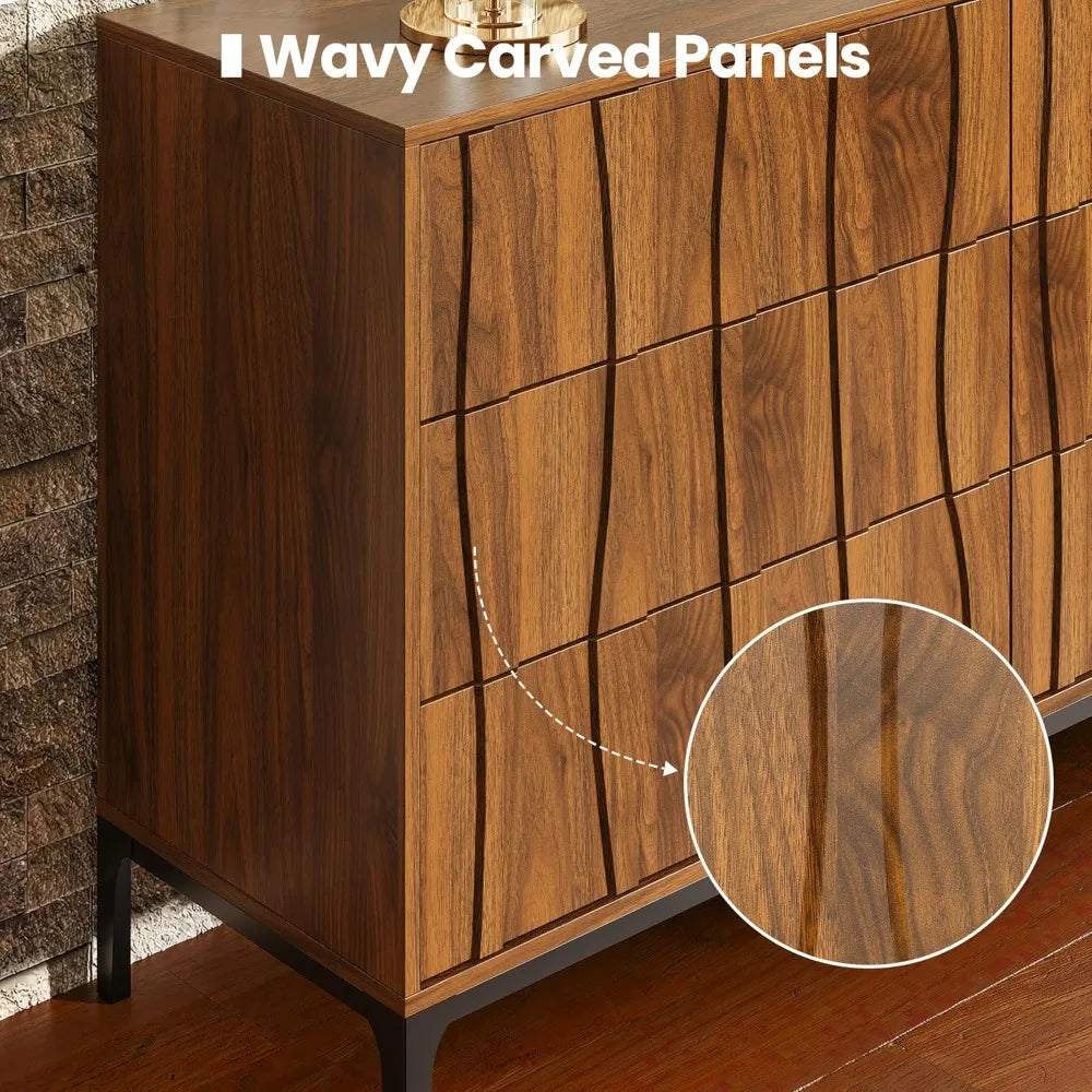Mid-Century Modern 6 Drawer Dresser, 54” Walnut Finish Wave Front Dresser with Push-to-Open Drawers, Handle-Free Bedroom
