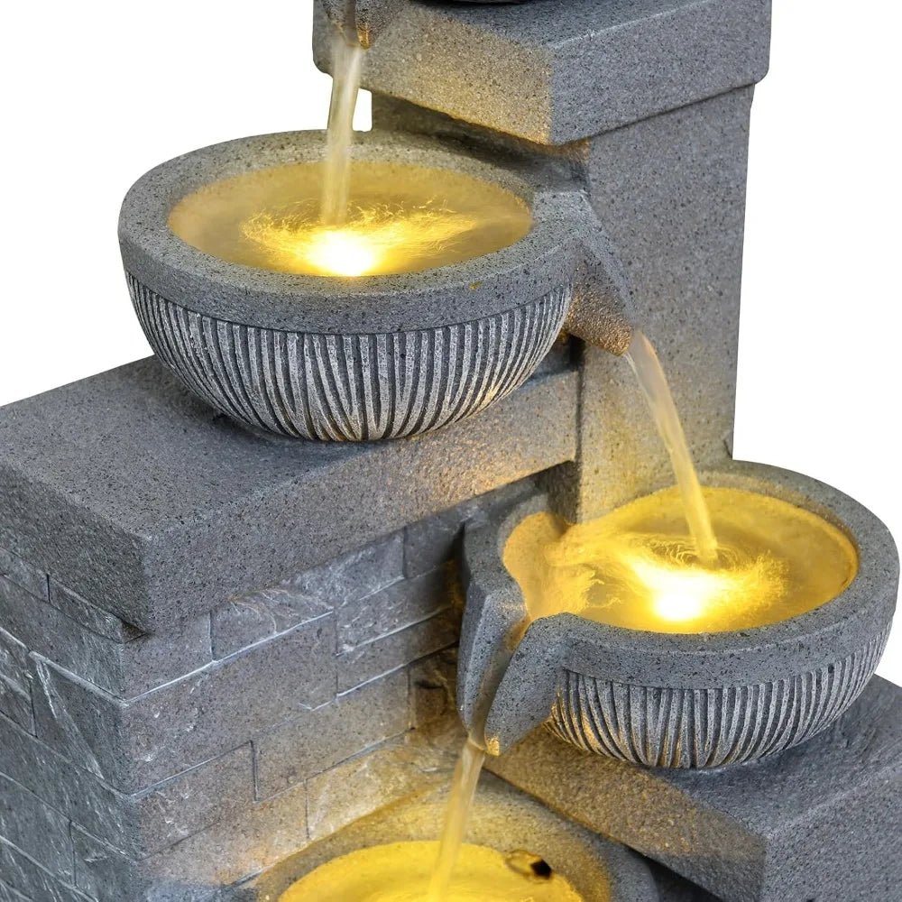 Outdoor Garden Water Fountain with Lights 4 Tiers Cascading Large Waterfall Floor Standing Fountain for Patio, Backyard