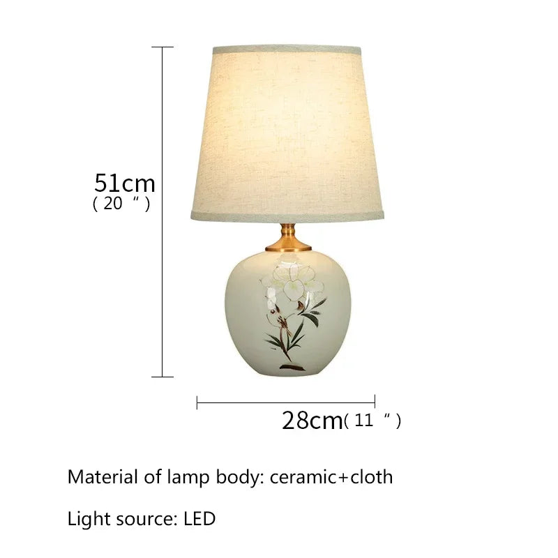 ELARA Ceramic Table Lamps Chinese for Bedside Modern White LED Dimming Desk Light For Home Living Bedroom Decor