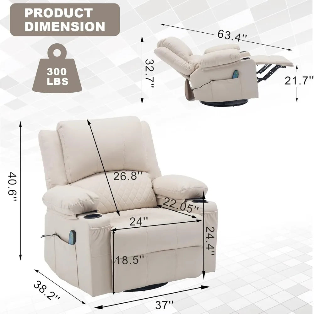 Leather Massage Recliner Chair with Heat Cup Holders for Adults, Thickly Padded Overstuffed Rocking Glider Chair, Swivel Rocker