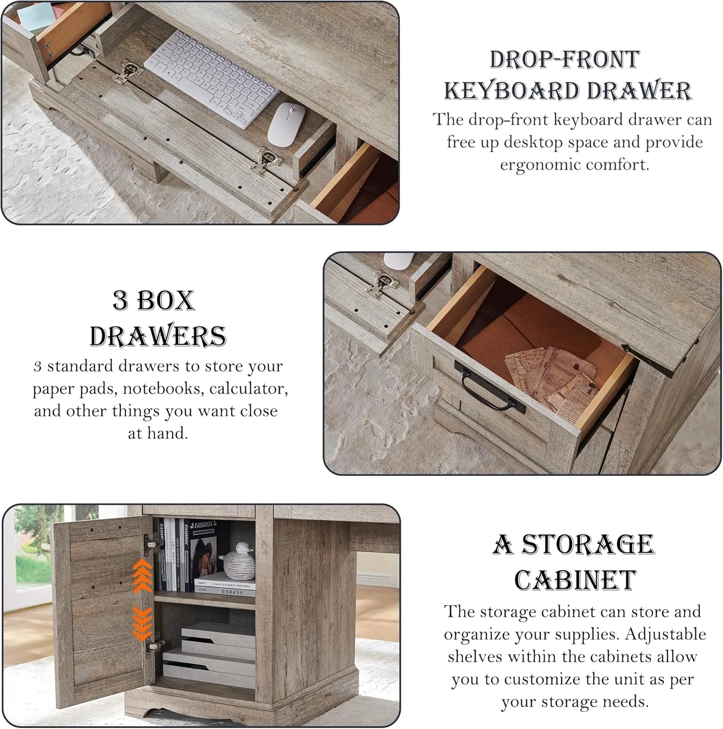 Farmhouse Executive Desk with Drawers, Wood Home Office Desk w/Charging Station, Keyboard Tray, File Drawer, Storage Cabinet