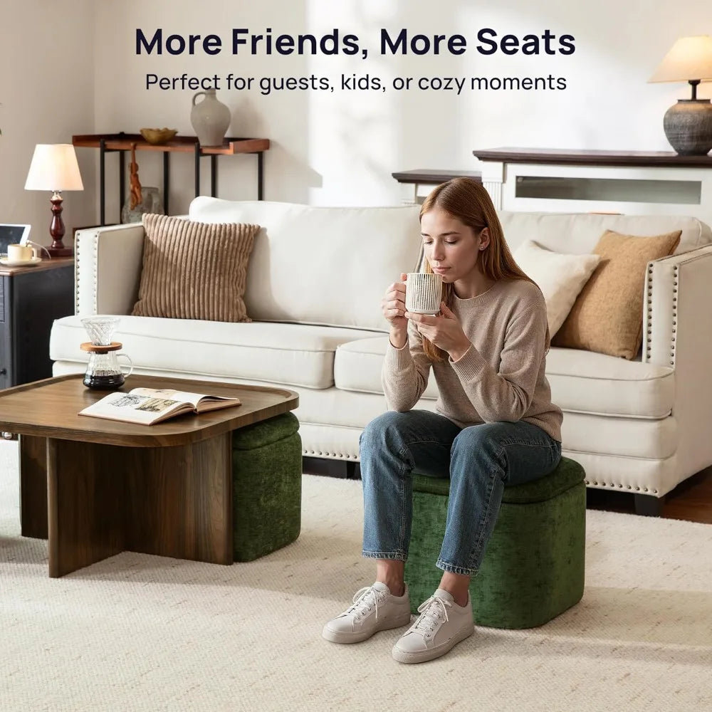 Mid-Century Modern Square Coffee Table with Storage & 4 Chenille Ottomans