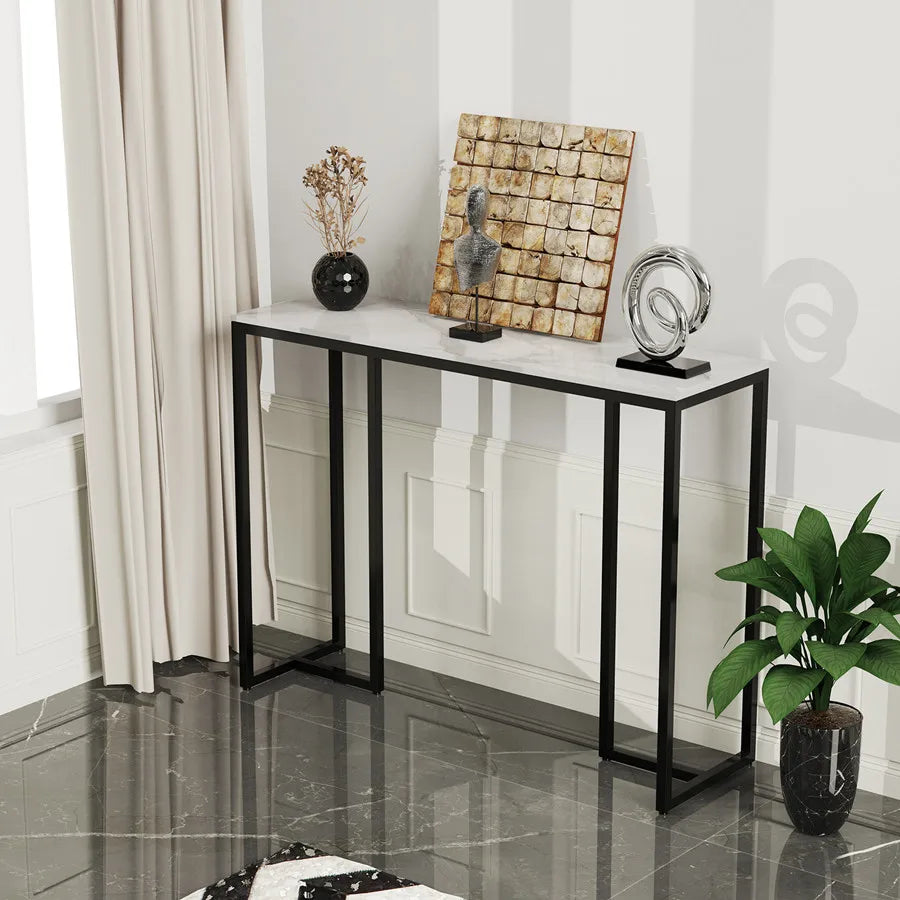 LUVODI Modern Console Table White Long Entryway Foyer Marble Sofa Behind Table with Black Metal Legs
