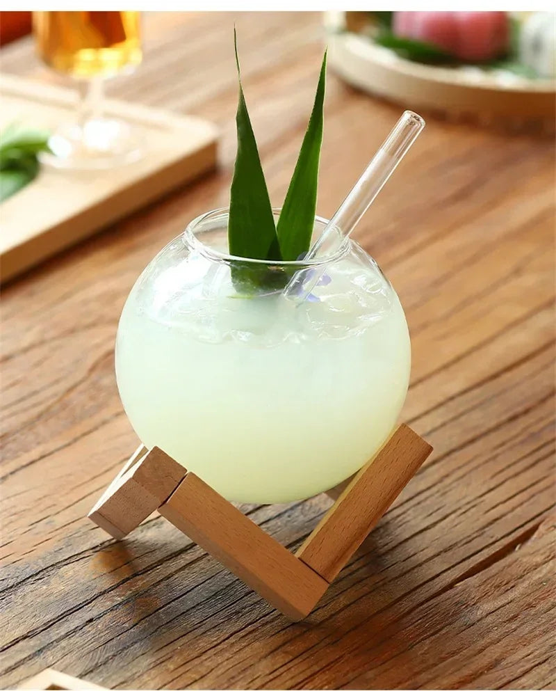 Creative Ronud Ball Glass Cup with Wood Stand Straw Wine Cocktail Glass Cup Clear Moon Ball Cold Drinking Juice Cups