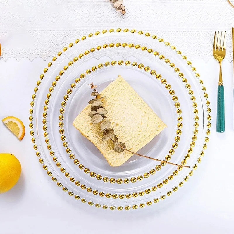 Golden Beaded Round Glass Plate – Transparent Dessert & Fruit Display Tray