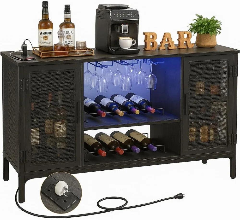 Industrial Wine Bar Cabinet with Power Outlets & LED Lights – Adjustable Wine Rack Coffee Station
