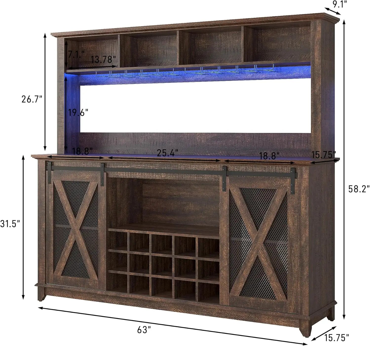 63″ Farmhouse Coffee Bar Cabinet – Brown with LED Light & Sliding Barn Door