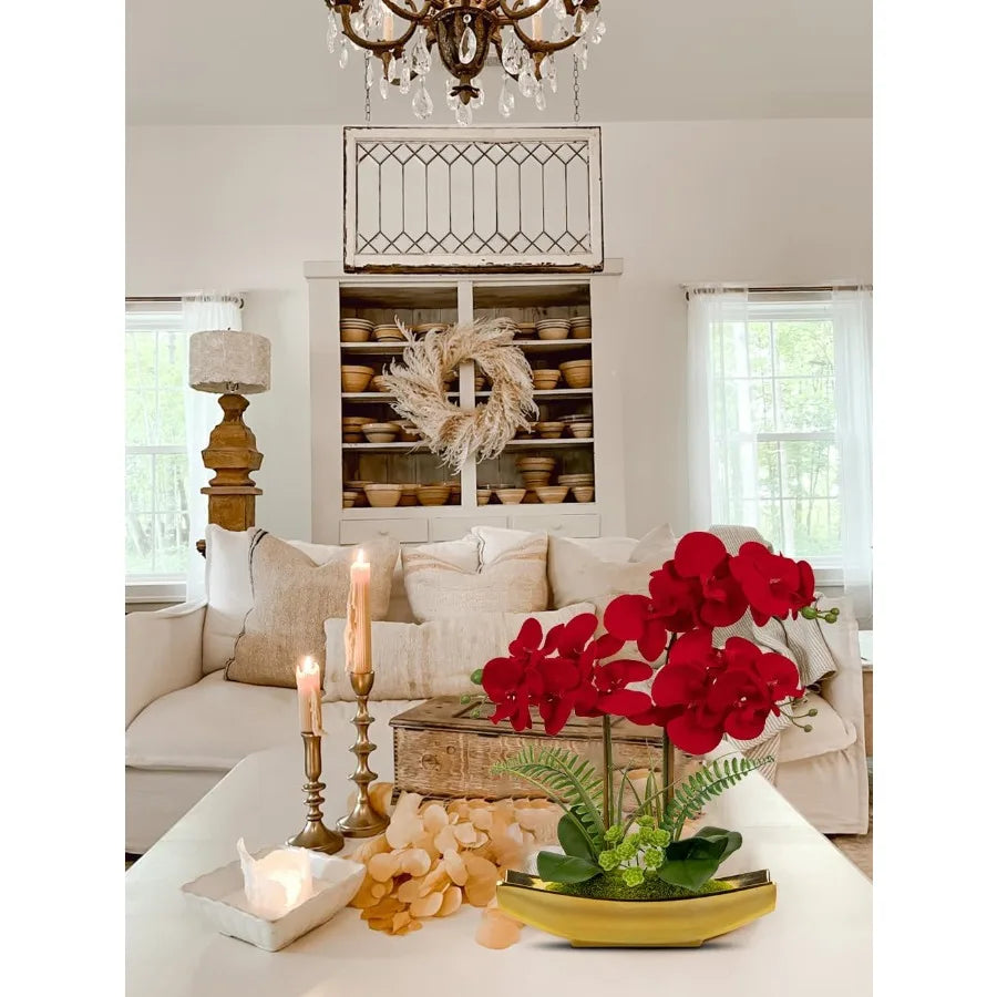 17 Silk Red Orchid Floral Arrangement with Gold Pot Real Touch Faux Orchid Plant for Home Office Room Kitchen Table Centerpiece