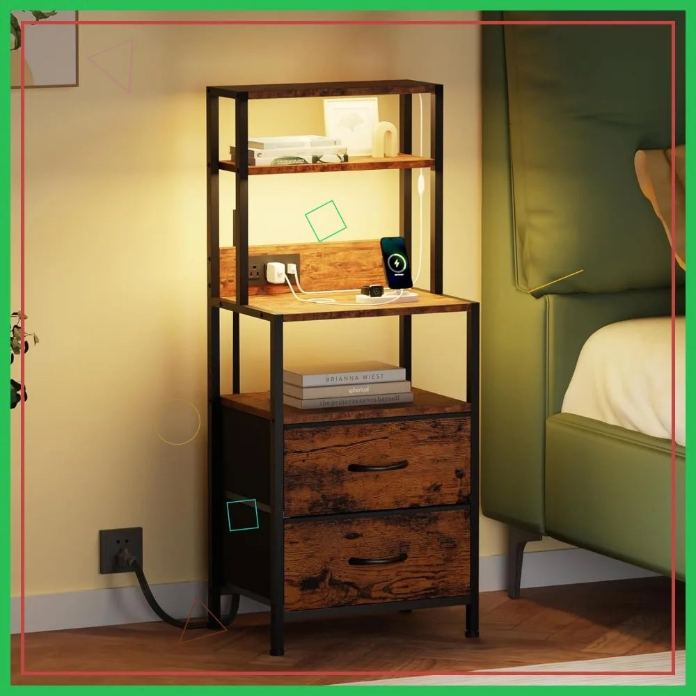 Tall Nightstand with 4 Shelves, 2 Fabric Drawers, LED Light & Charging Station for Bedroom or Office in Rustic Brown